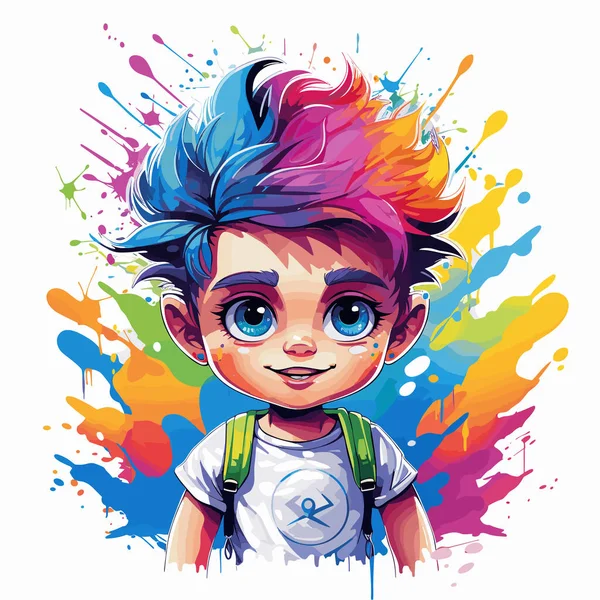 stock vector Young boy with colorful hair and backpack on his back, wearing t - shirt.