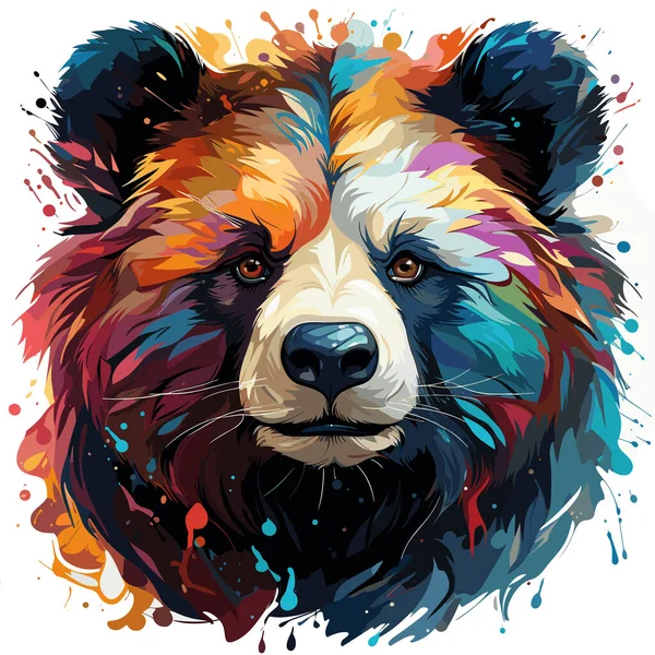 Close Bear Face Colorful Paint Splatters — Stock Vector