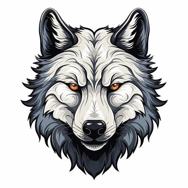 Wolf Hoofd Met Oranje Ogen Zwarte Manen Witte Achtergrond — Stockvector