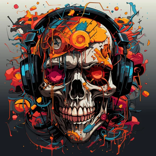 Crâne Portant Écouteurs Écouteurs Avec Éclaboussure Peinture Dessus — Image vectorielle