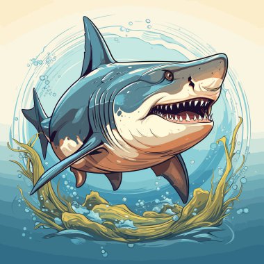 Yüzünde kocaman bir gülümsemeyle okyanusta yüzen karikatür köpekbalığı..