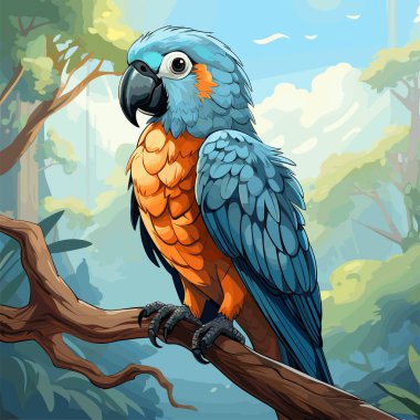 Tropikal ormandaki ağaç dalında oturan mavi ve turuncu papağan.