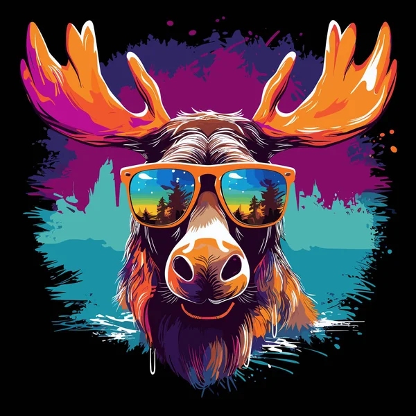 Moose Wearing Sunglasses Deer Head Trees Background — Stock Vector