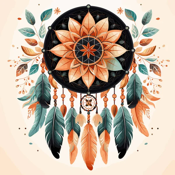 stock vector Drawing of dream catcher with feathers and sunflower on it.