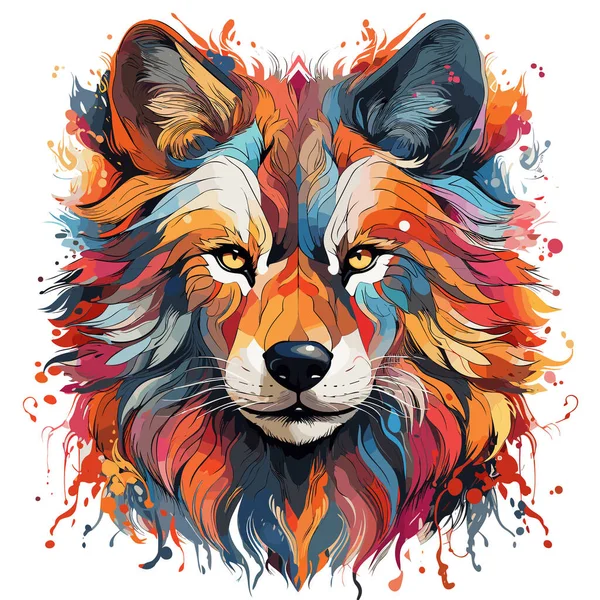 Dessin Visage Loup Avec Éclaboussures Peinture Colorées — Image vectorielle