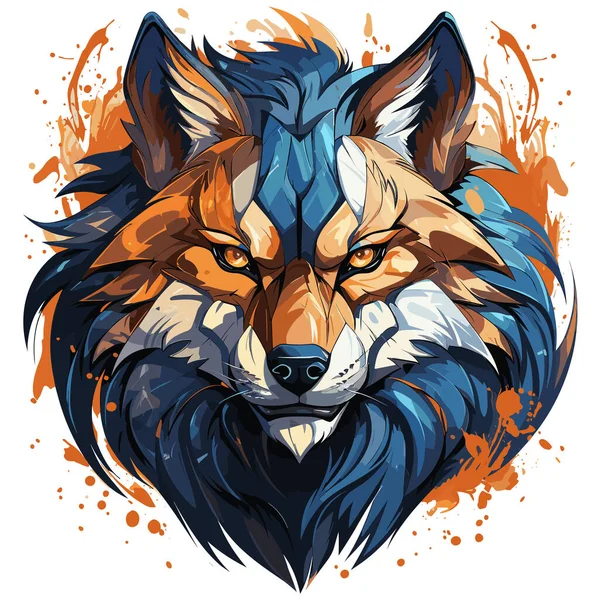 Tête Loup Avec Des Éclaboussures Peinture Orange Bleue Dessus — Image vectorielle