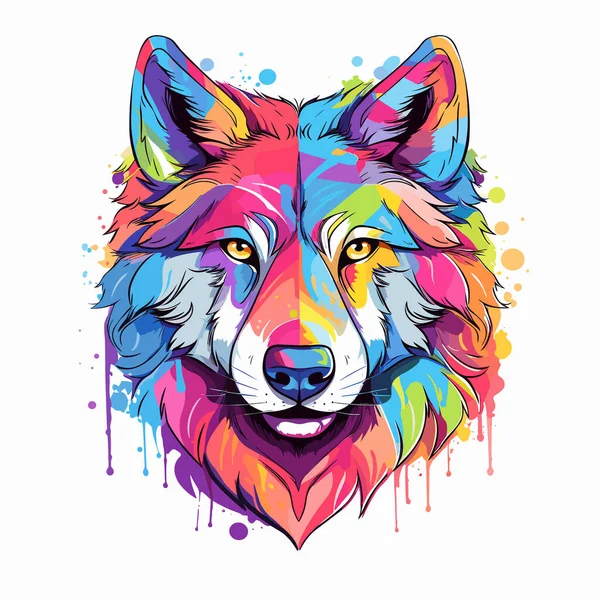 Colorful Wolf Face White Background Paint Splatters — Stock Vector