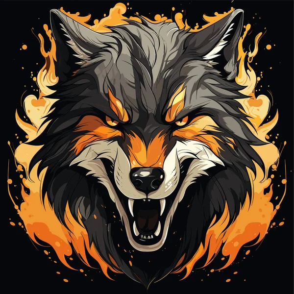 Close Wolf Face Flames Background — Stock Vector