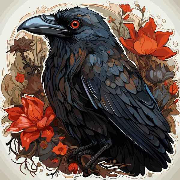 Pájaro Negro Sentado Parte Superior Rama Del Árbol Junto Las — Archivo Imágenes Vectoriales