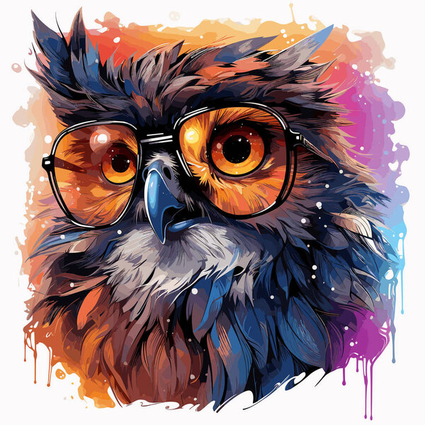 Картина совы в очках с брызгами краски на ней.