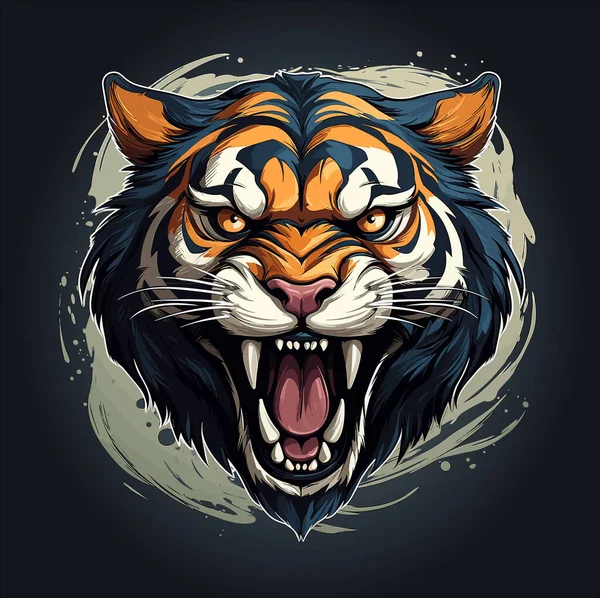 Tête Tigre Avec Bouche Ouverte Sur Fond Sombre — Image vectorielle