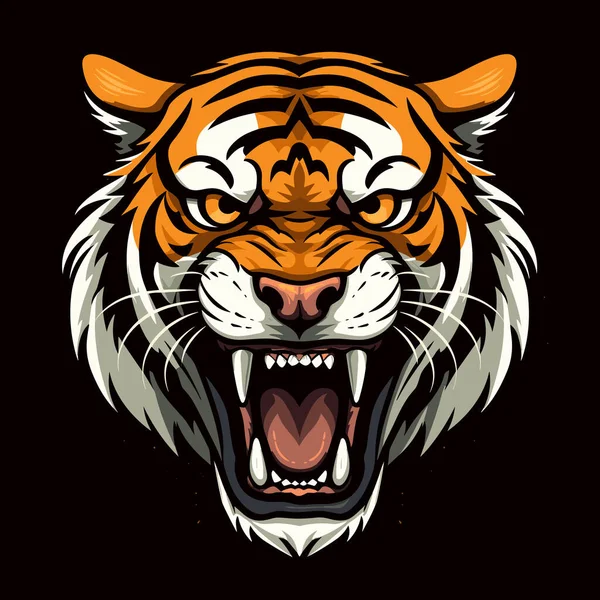 Tête Tigre Avec Bouche Ouverte Dents Acérées Sur Fond Noir — Image vectorielle