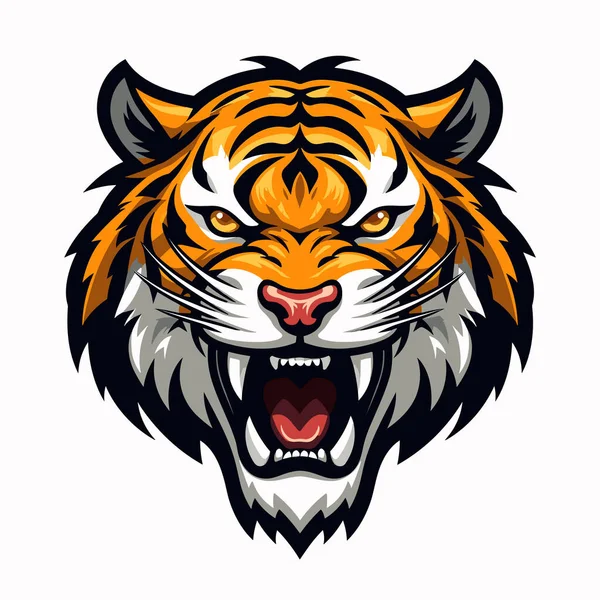 Tête Tigre Avec Bouche Ouverte Dents Acérées Sur Fond Blanc — Image vectorielle