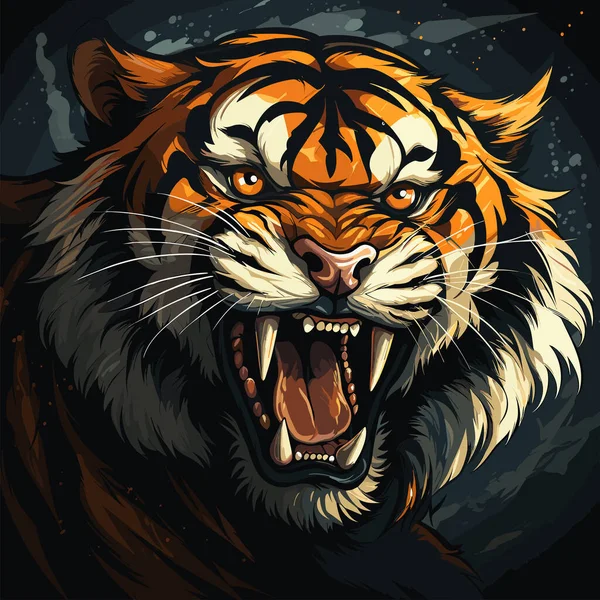 Tigergesicht Mit Offenem Maul Und Weit Aufgerissenen Zähnen — Stockvektor