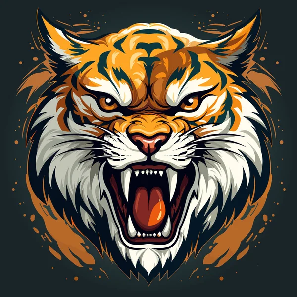 stock vector Tiger's head with open mouth and sharp teeth on dark background.
