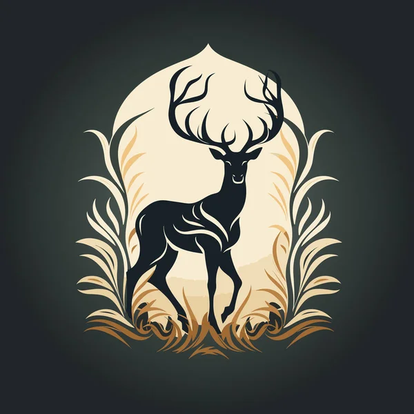 Deer Standing Grass Full Moon Back Ground — Stock Vector