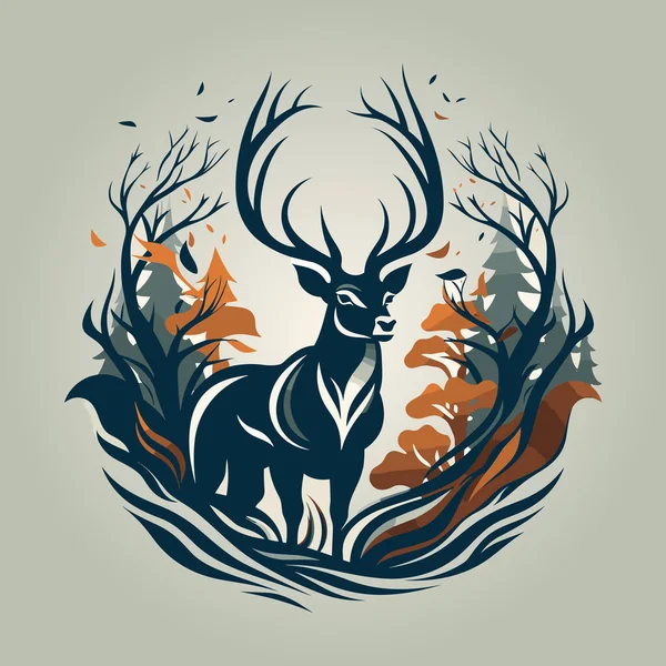 Deer Standing Middle Forest Surrounded Trees Bushes — Stock Vector