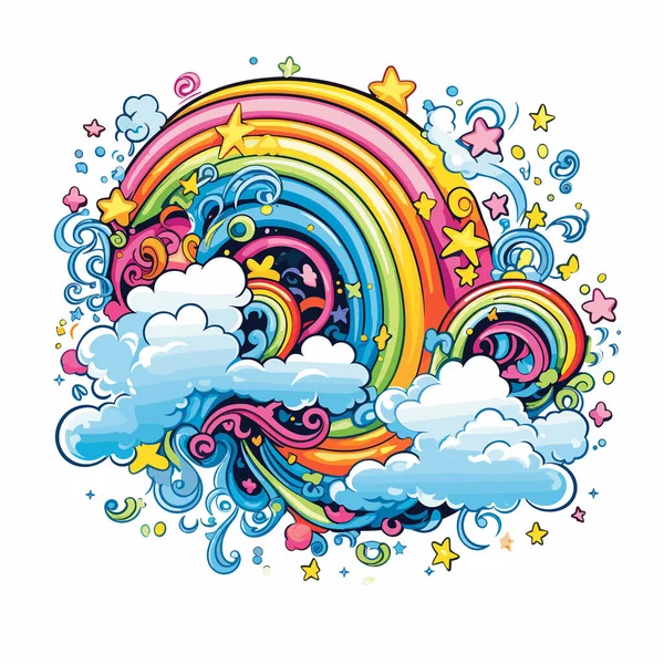 Regenboog Met Sterren Wolken Aan Hemel Met Sterren Wolken Eromheen — Stockvector