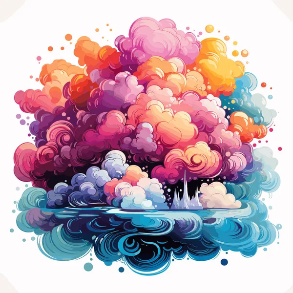 Peinture Bateau Flottant Dans Eau Avec Des Nuages Colorés Dessus — Image vectorielle