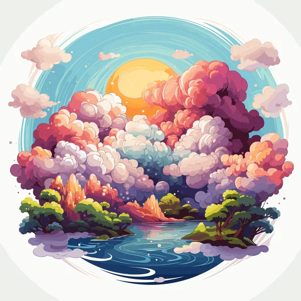 Мультиплікаційний Пейзаж Річкою Деревами Хмарами Небі — стоковий вектор