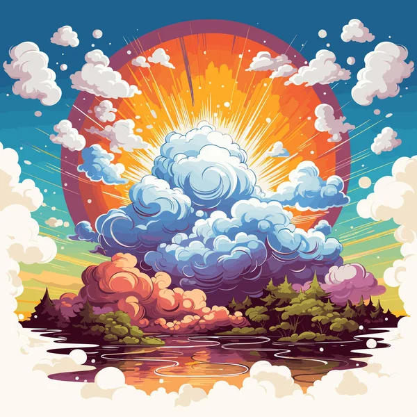 手前の雲や木や湖が描かれた漫画の風景 — ストックベクタ