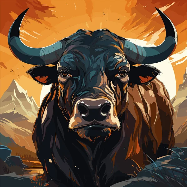 Pintura Toro Con Cuernos Grandes Frente Cordillera — Vector de stock