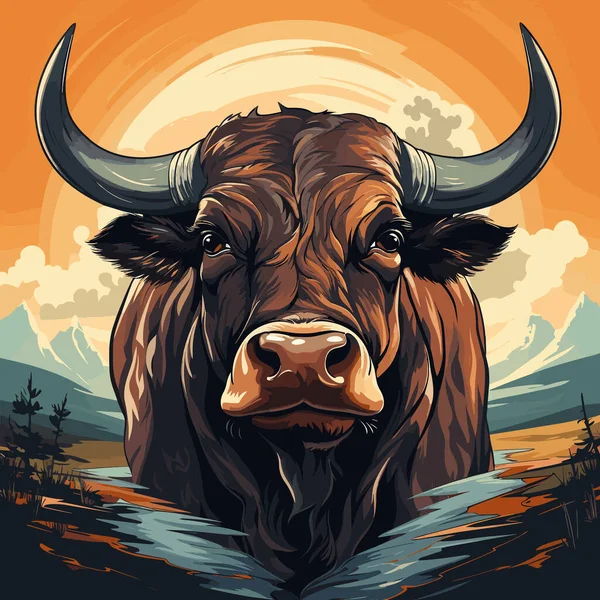 Toro Con Cuernos Grandes Pie Cuerpo Agua Con Montañas Fondo — Vector de stock