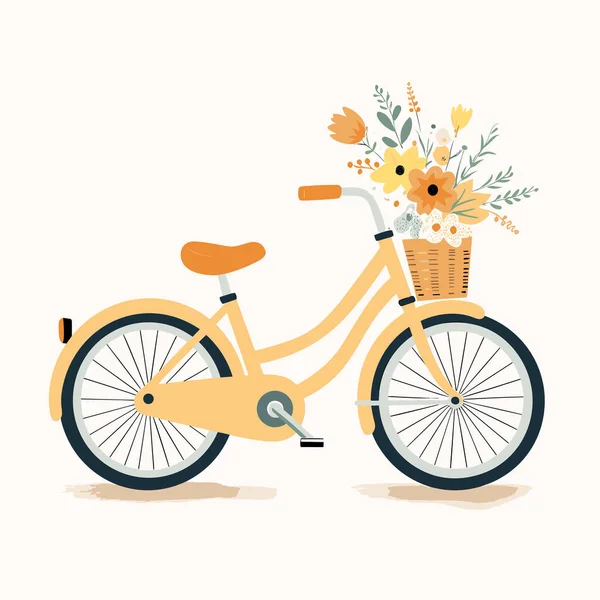 stock vector Yellow bicycle with basket of flowers on the front of the bike.