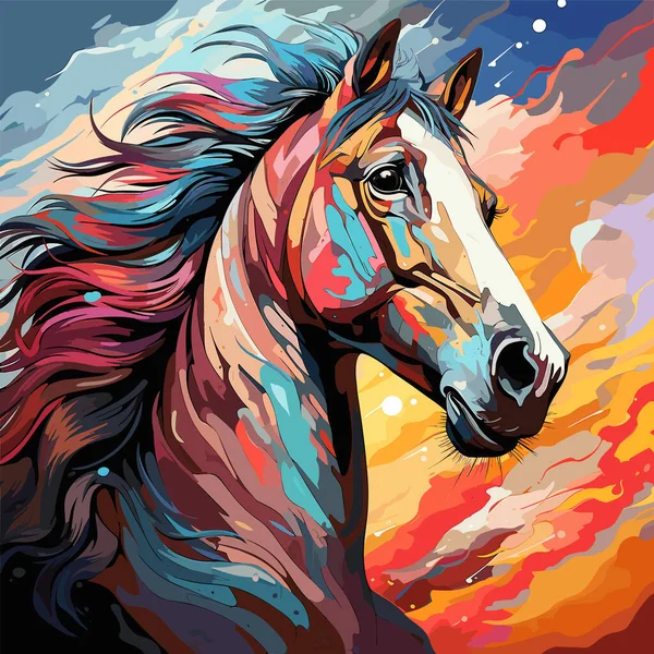 Pittura Cavallo Con Capelli Lunghi Sfondo Colorato Mostrato — Vettoriale Stock