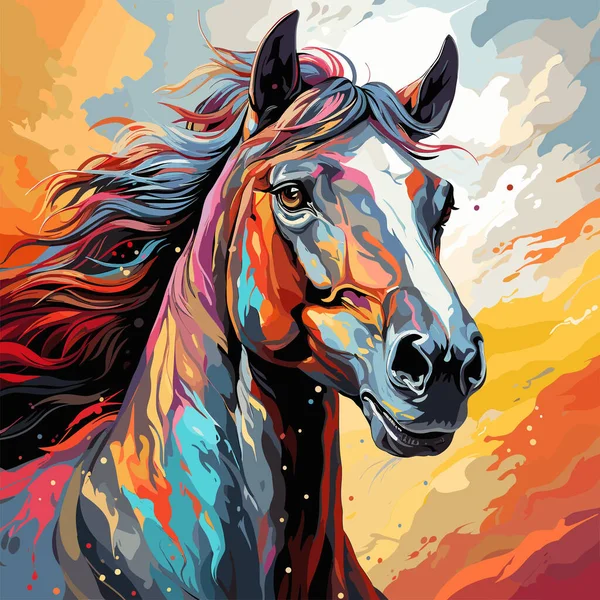Gemälde Von Pferd Mit Langen Haaren Auf Dem Kopf Und — Stockvektor