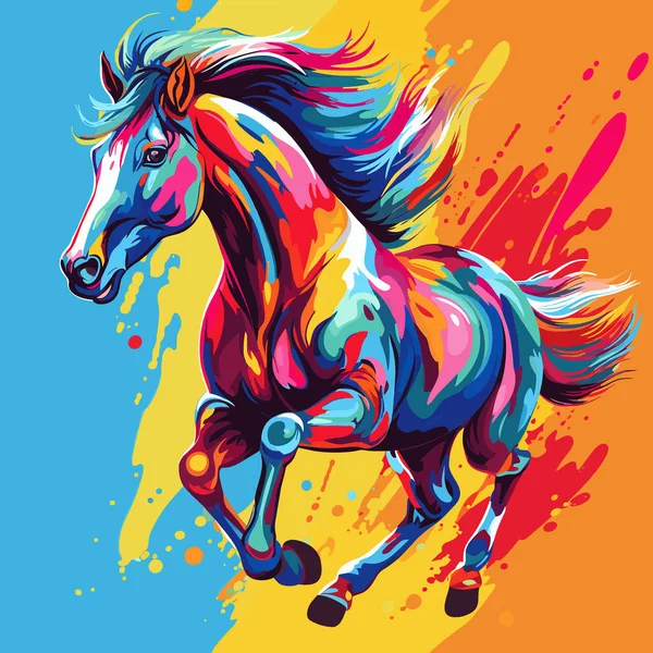 Cavalo Colorido Correndo Fundo Azul Amarelo Com Respingo Tinta — Vetor de Stock