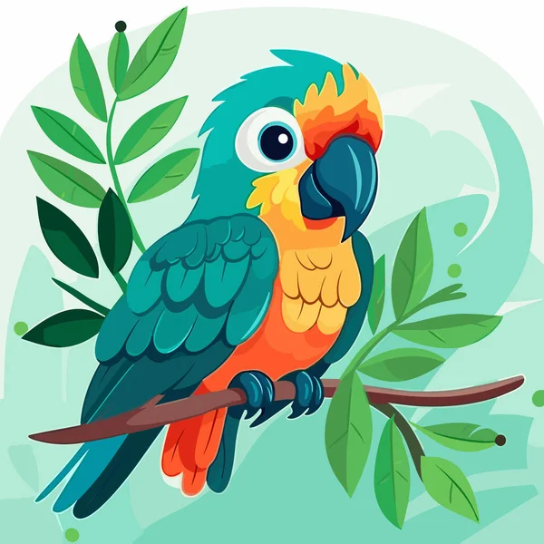 Sırtında Yapraklarla Dalda Oturan Renkli Papağan — Stok Vektör