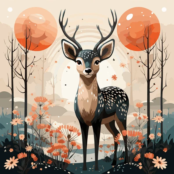 Deer Standing Middle Forest Trees Flowers — Stock Vector