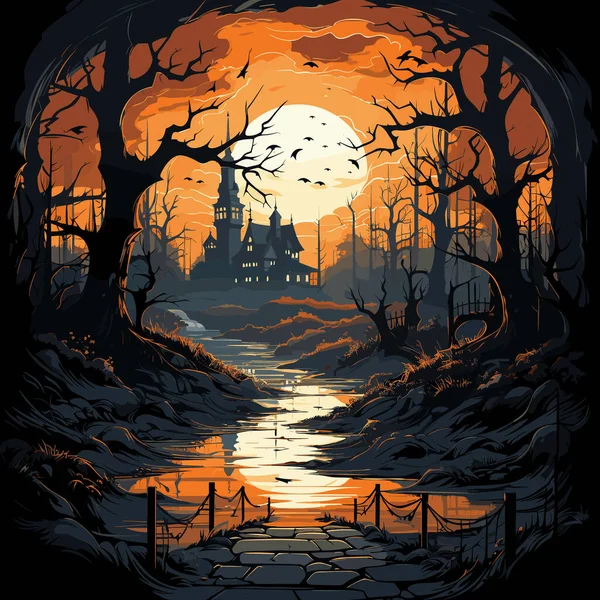Painting Halloween Scene Castle Middle Woods — Stock Vector