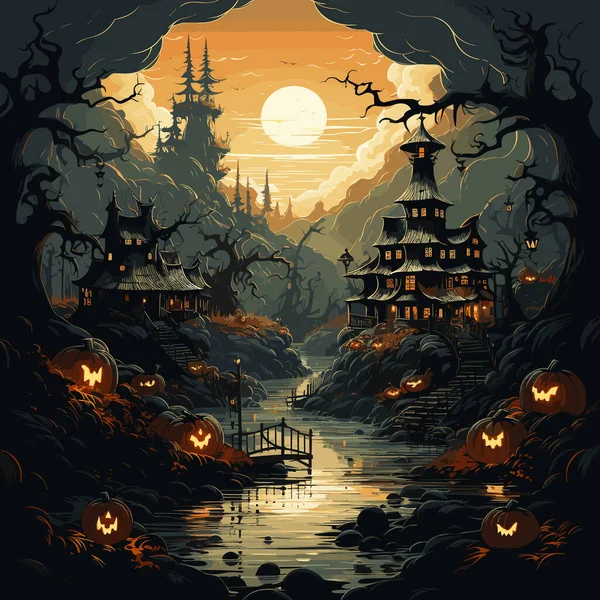 Lukisan Halloween Adegan Dengan Labu Dan Jembatan Atas Sungai - Stok Vektor