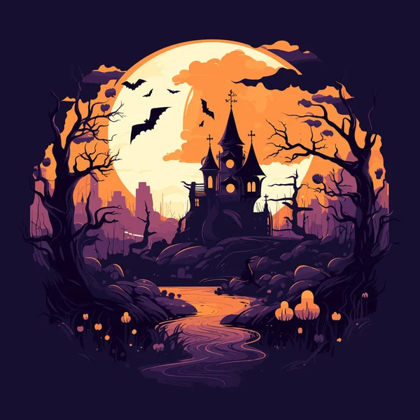 Strašidelná Halloween Scéna Hradem Uprostřed Noci — Stockový vektor