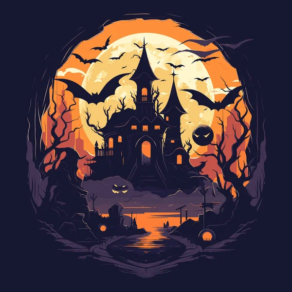 Castelo Assustador Com Morcegos Abóboras Frente Lua Cheia — Vetor de Stock