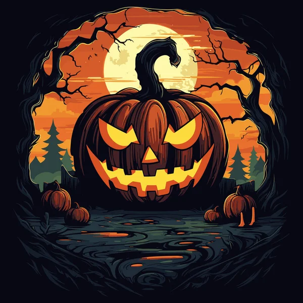 Calabaza Halloween Con Cara Miedo Medio Del Bosque Con Luna — Vector de stock
