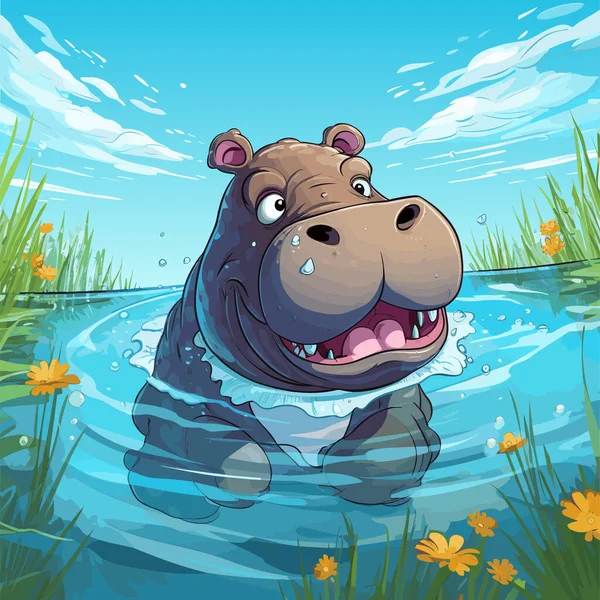 Hippopotamus Swimming Pond Grass Daisies — Stock Vector