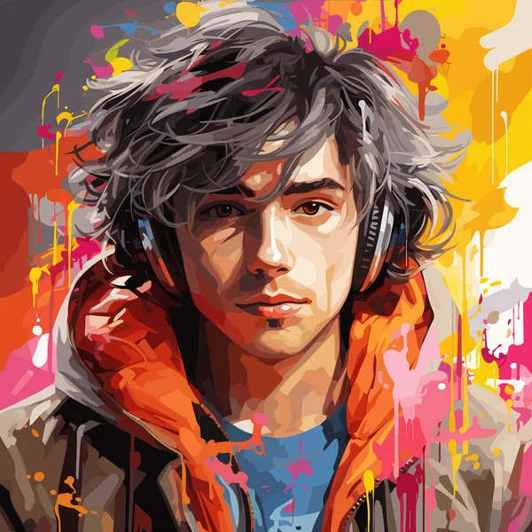 Peinture Homme Avec Écouteurs Devant Fond Coloré — Image vectorielle