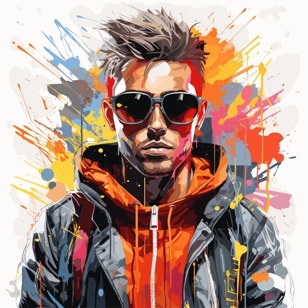 Gemälde Eines Mannes Mit Sonnenbrille Und Jacke Mit Farbspritzern — Stockvektor