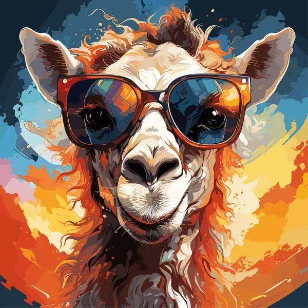 Foto Llama Con Gafas Sol Cabeza Fondo Colorido — Vector de stock