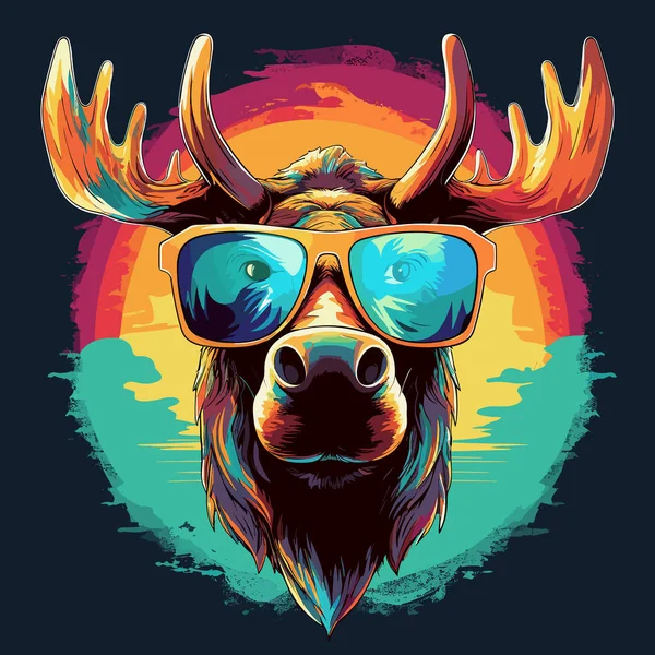 Moose Wearing Sunglasses Sun Background Colorful Sky Background — Stock Vector