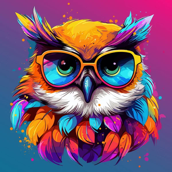 Colorful Owl Glasses Mustache Blue Pink Background — Stock Vector