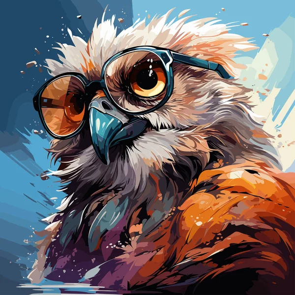 Målning Fågel Med Glasögon Huvudet Och Blå Bakgrund — Stock vektor