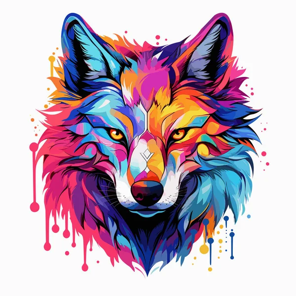 Colorful Wolf Head Splash Paint Face — Stock Vector
