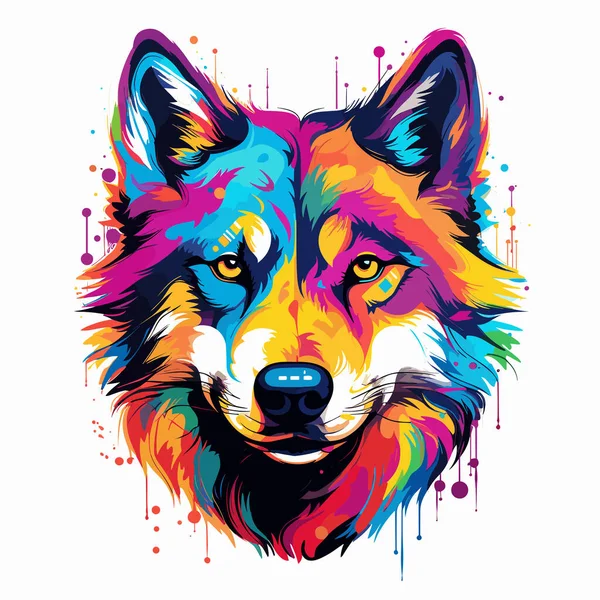 Colorful Wolf Face White Background Paint Splatters — Stock Vector