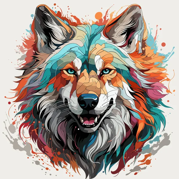 Wolf Head Colorful Paint Splattered Face — Stock Vector