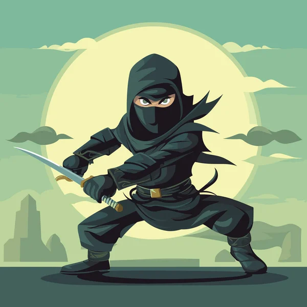 Man Ninja Suit Holding Sword Front Full Moon — Stock Vector