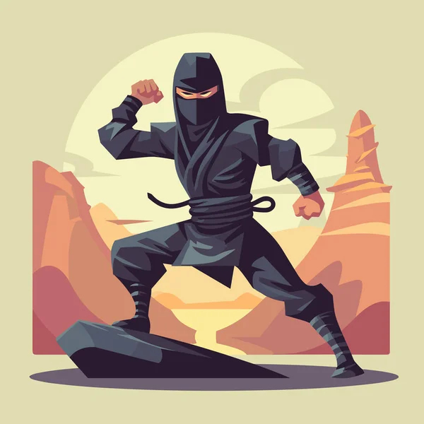 Człowiek Garniturze Ninja Stojący Skale Przed Górami — Wektor stockowy